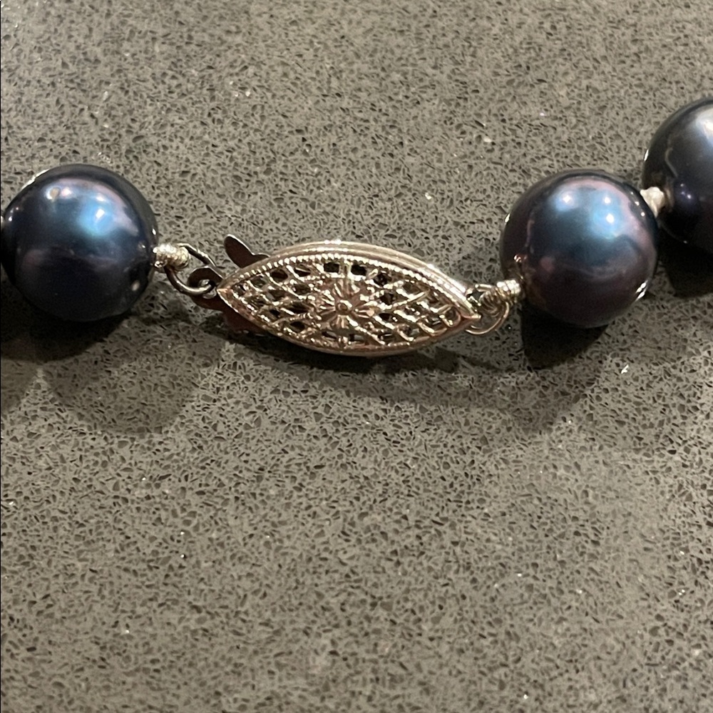 Blue Gray Pearl Necklace with 925 Silver Fish Hook Clasp - Picture 7 of 17